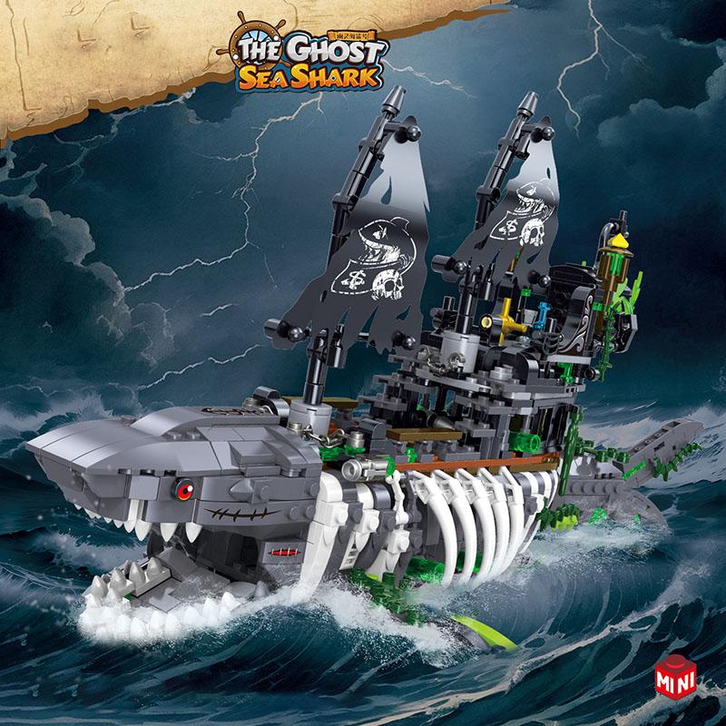 Creative MOC 1155PCS Shark Skeleton Pirate Ship Model Micro Building Blocks Bricks Set Ghost Pirate Boat Kits Toys For Kids Gift