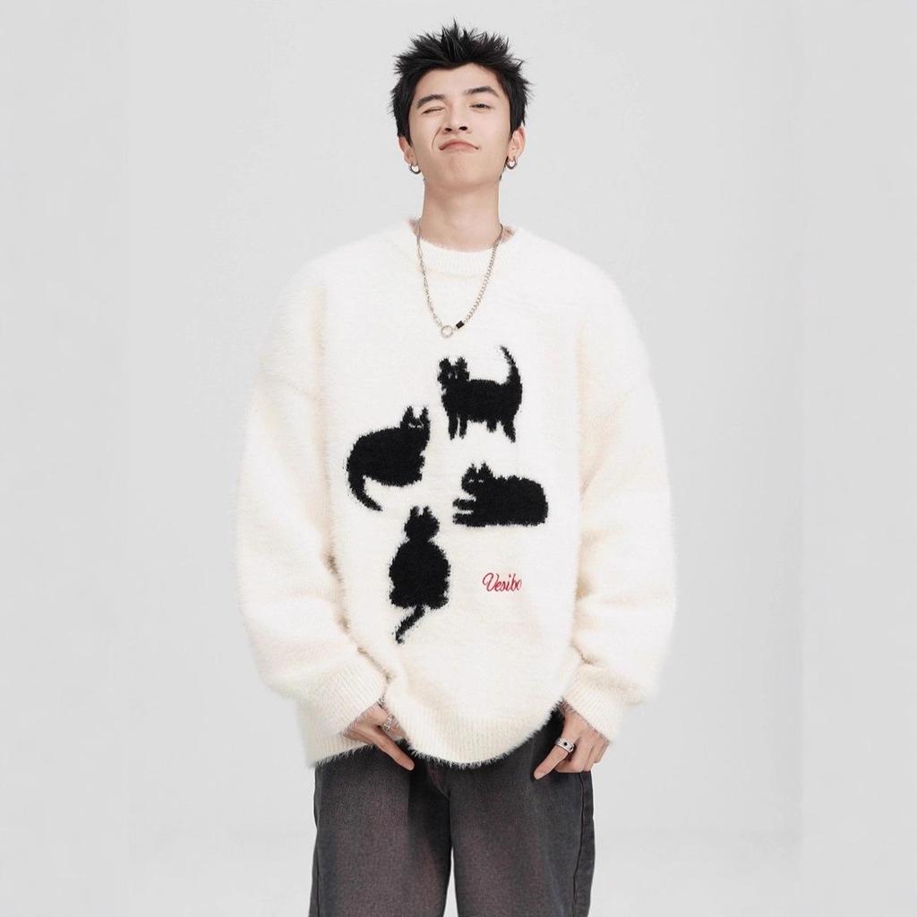 Men's Cartoon Cat Mohair Winter Sweater: American Style Loose Casual Round Neck Knitwear Cardigan