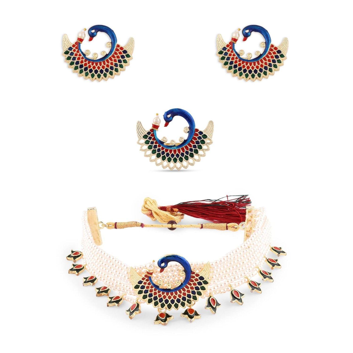 Многоцветный павлин Минакари, вдохновленный жемчугом, набор из нескольких нитей колье, сережек и кольца для женщин