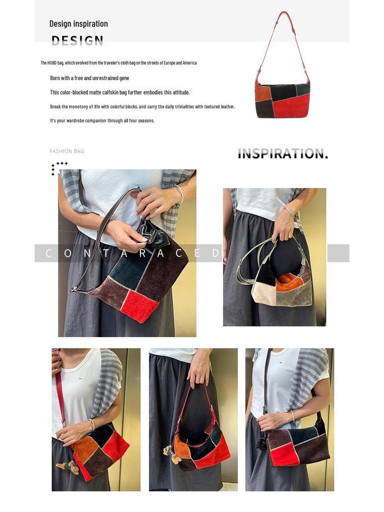 Vintage Frosted Cowhide Color Block Hobo Bag: Stylish High-End Handbag and Casual Crossbody Tote.