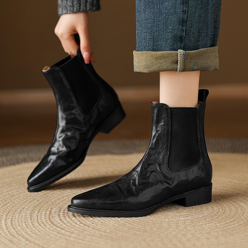 Womens Black Ankle Boots Pointed Toe Chunky Low Heel Slip On Chelsea Fall Winter Fashion Short