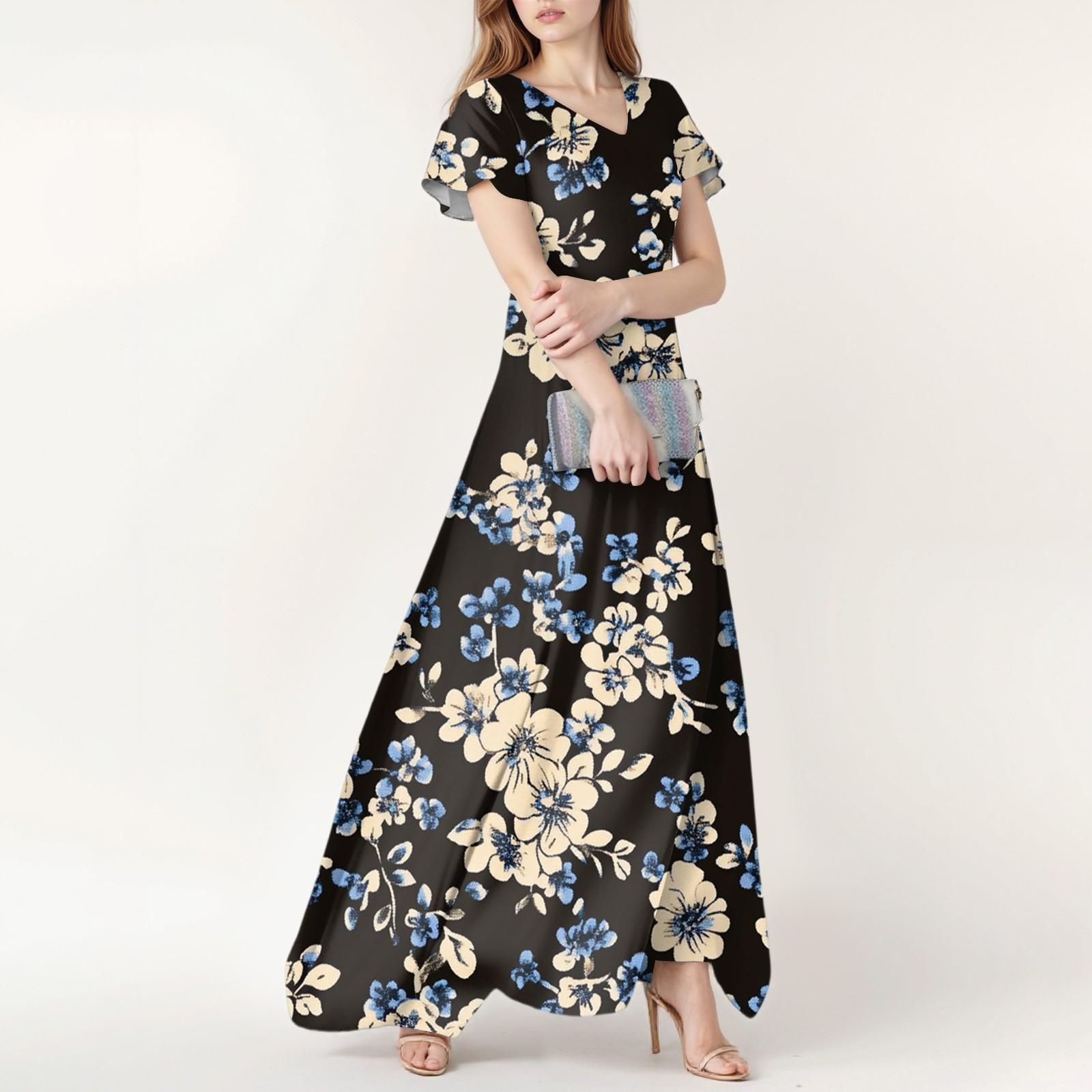 

Women s Spring And Summer Casual Fashion Floral Print Dress V Neck Short Sleeve Dress XL