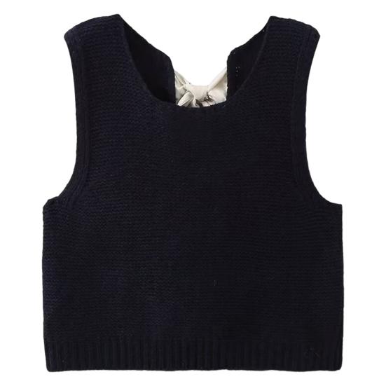 Women Knitted Vest Round Neck Sleeveless Crop Tank Bow Tie Decor Hollow