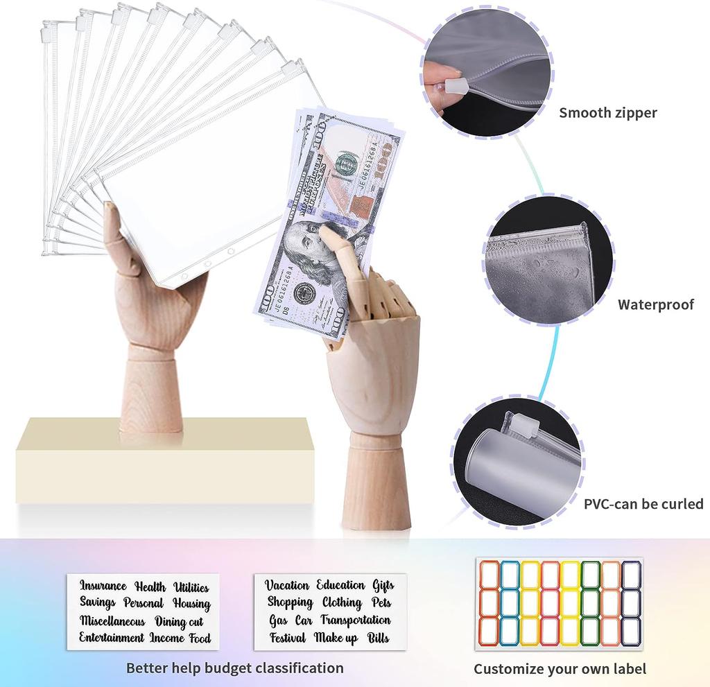 2023 Laser Budget Binder Zipper Envelopes Organizer Cash Envelopes for Budgeting Saving Money A6 Planner 6 Pockets Accessories