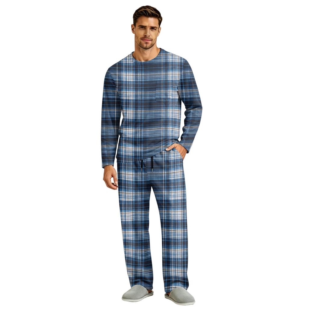 Men's Long Sleeve Pajama Set with Button Crotch and Elastic Drawstring Waist for Home Comfort