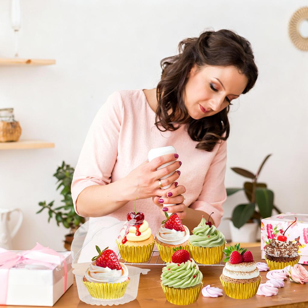 100Pcs Cupcake Containers With Gold Cupcake Liners Individual Cupcake Holder Plastic Single Cupcake Carrier With Lid For Dessert Cheesecake Muffin