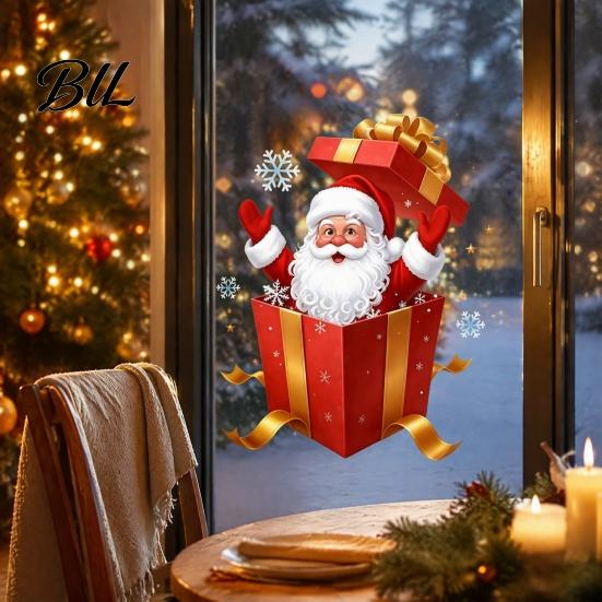 Static Window Stickers Santa Gift Box Sticker, Christmas Decal, Removable Waterproof Festival Atmosphere PVC Decal for Glass Doors Windows,