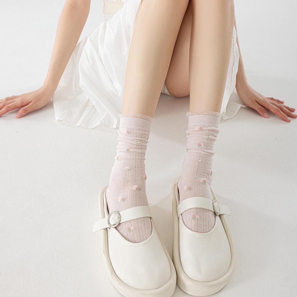 Women's Spring & Summer Korean-Style Floral Lace Trim Slouch Socks - Mid-Calf, Seamless, Thin