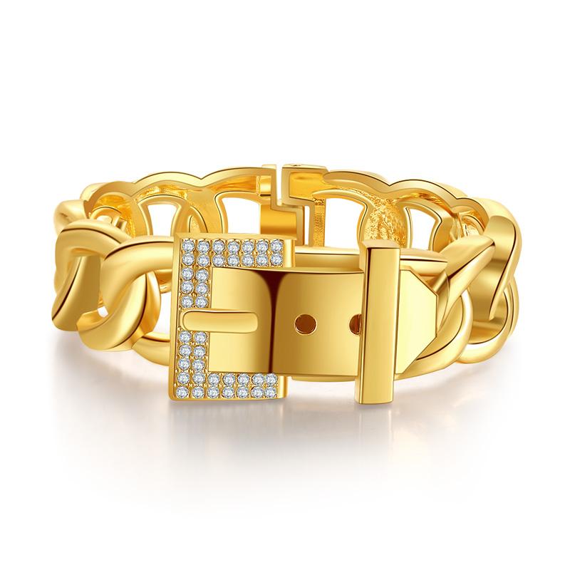ORNAPEADIA Luxury Belt Buckle Design Thick Link Bracelet Exaggerated Hip Hop Style Gold Plated Bangle with Bling Rhinestones