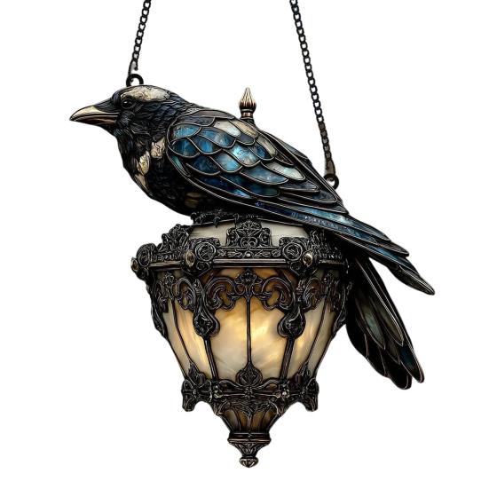 Raven On Lantern Suncatcher Decoration Indoor Outdoor Gothic Halloween Crow