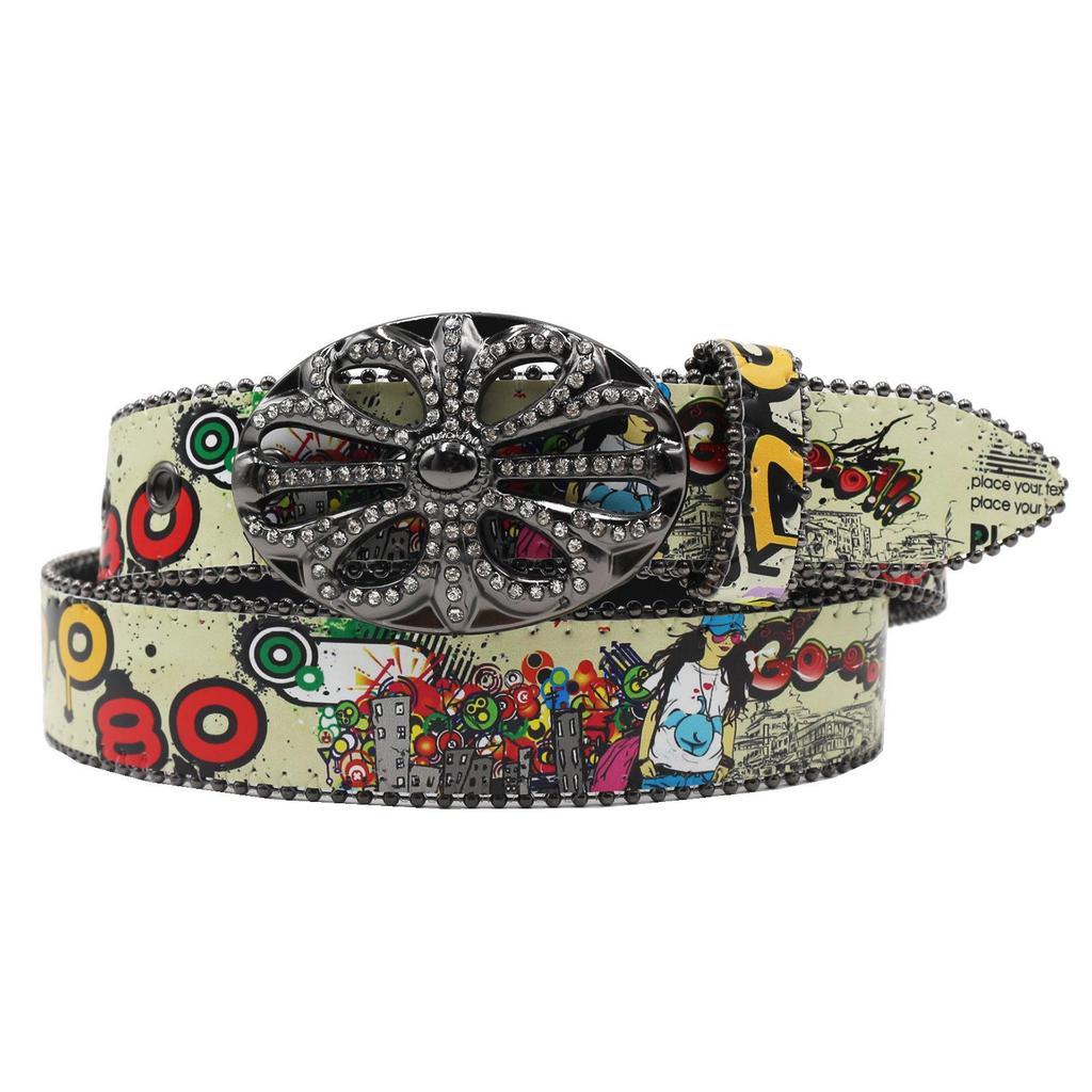 Croatian Rhinestone Graffiti Leather Y2K Belt: Versatile European & American Style
