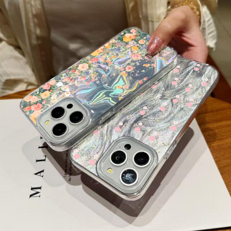 Luxury Floral Print Glitter Slim Case For iPhone 16 15 Pro Max 14 Pro 13 12 11 Glossy Shockproof Hybrid TPU PC Clear Phone Cover