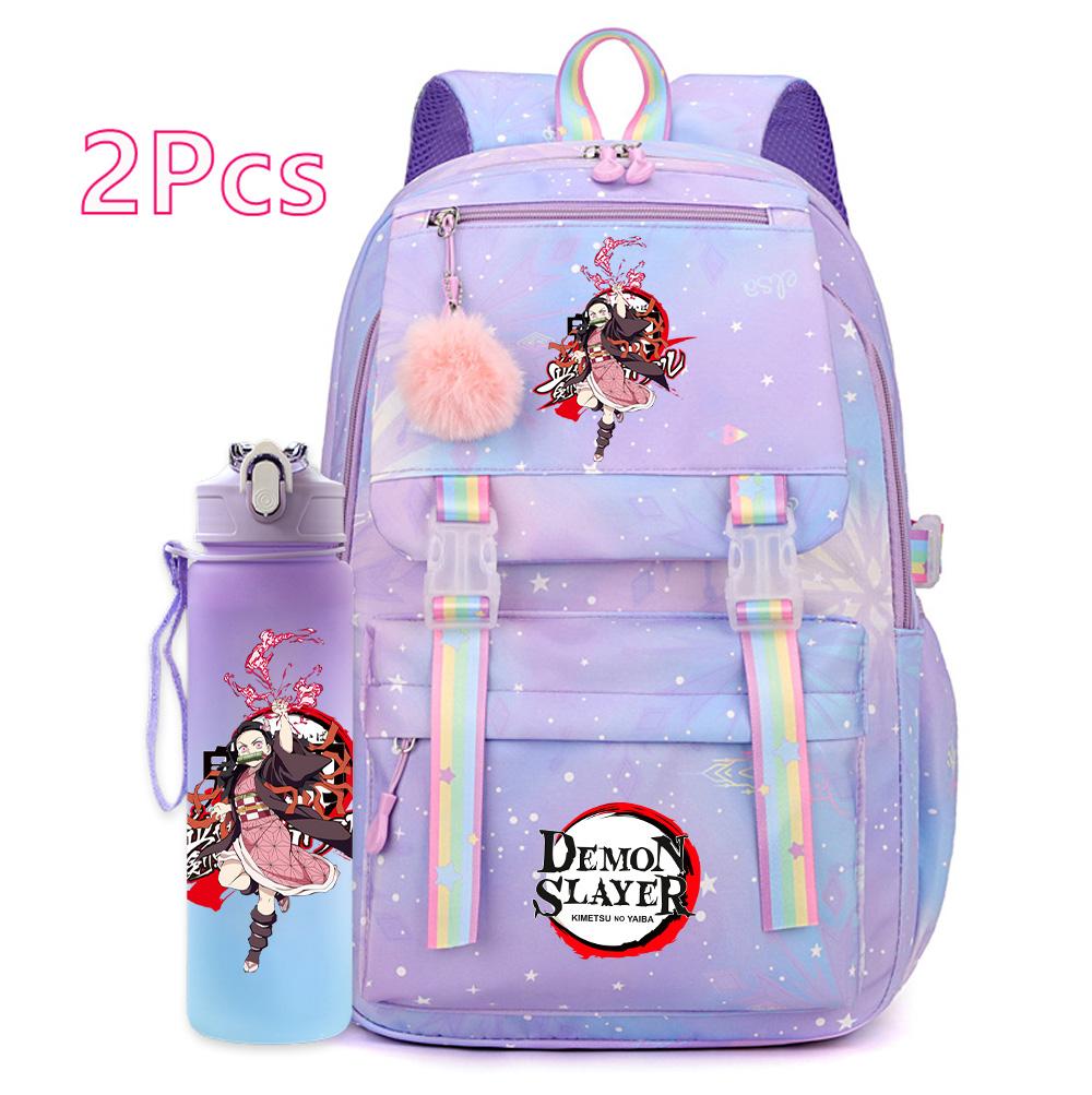 2Pcs/set Cartoon Demon Slayer Printed Backpack with 750Ml Water Bottler for Teenager Girl Boy Large Capacity Waterproof Bookbag Travel Bag Gift