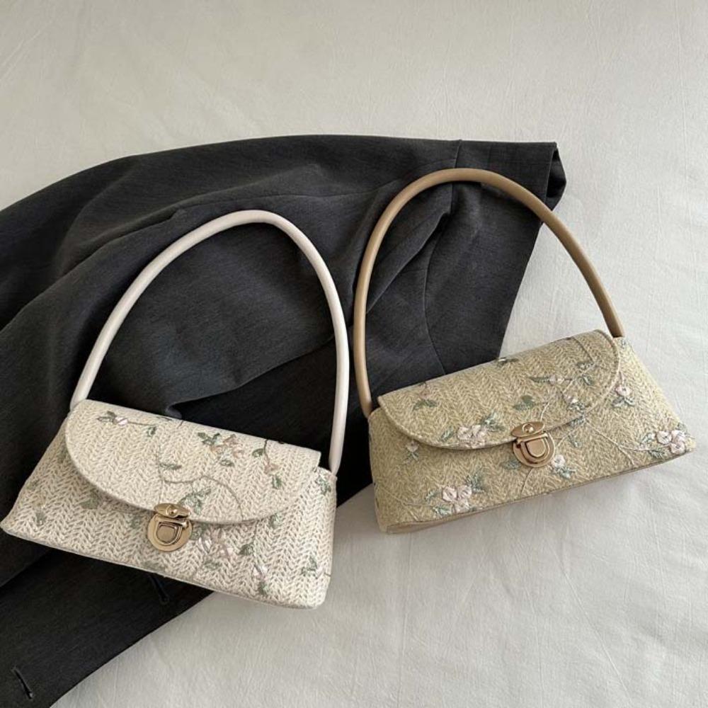 Elegant Beach Straw Hobo Embroidery Handbag Storage Bag Grass Woven Shoulder Bag  Work