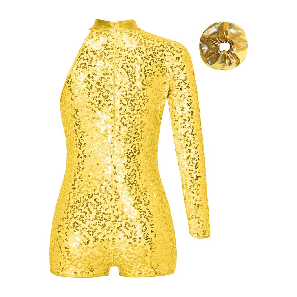 Girls Performance Leotard One Shoulder Long Sleeve Shiny Sequins Invisible Zipper Back Jazz Outfit