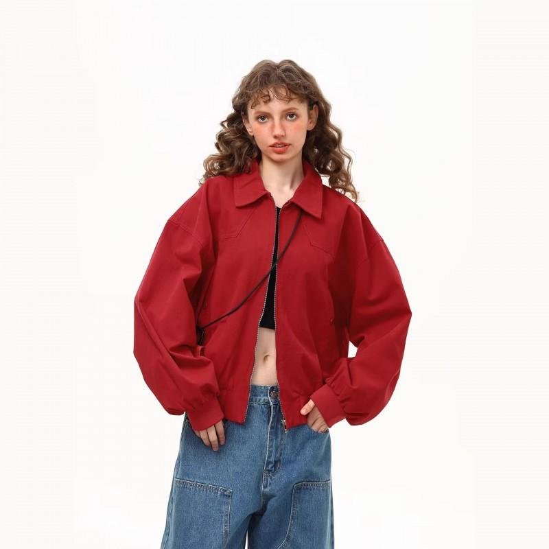 Unisex Red Harrington Jacket Streetwear Cleanfit Short Coat Casual Lightweight Outerwear