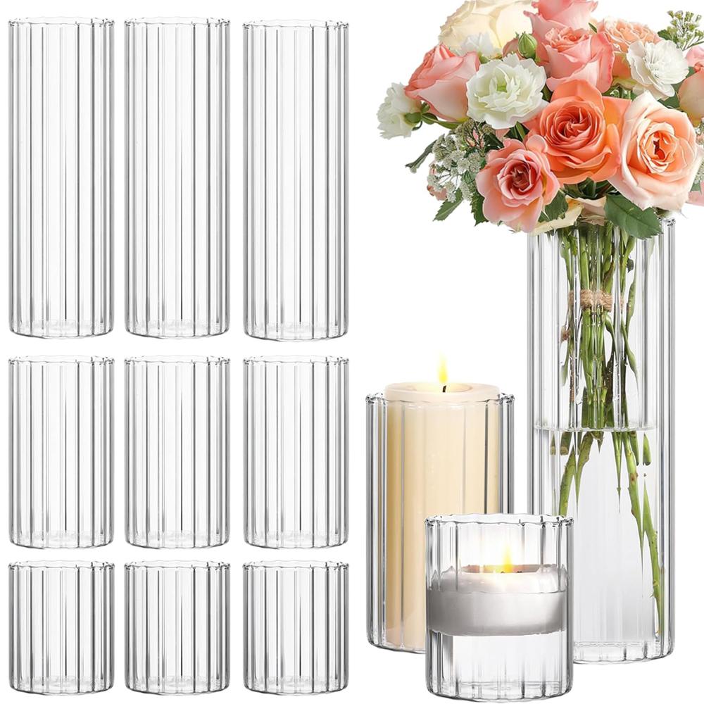 Glass Cylinder Vases Clear Ribbed Bud Vases for Centerpieces Weeding Decoration, 4 inch 6 Inch 10 Inch Tall Clear Flower Vases