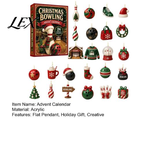 Creative Xmas Party Favors Christmas Advent Calendar with 24 Acrylic Pendants, 2D Flat Bowling Theme Holiday Ornaments for Tree Hanging Decorations