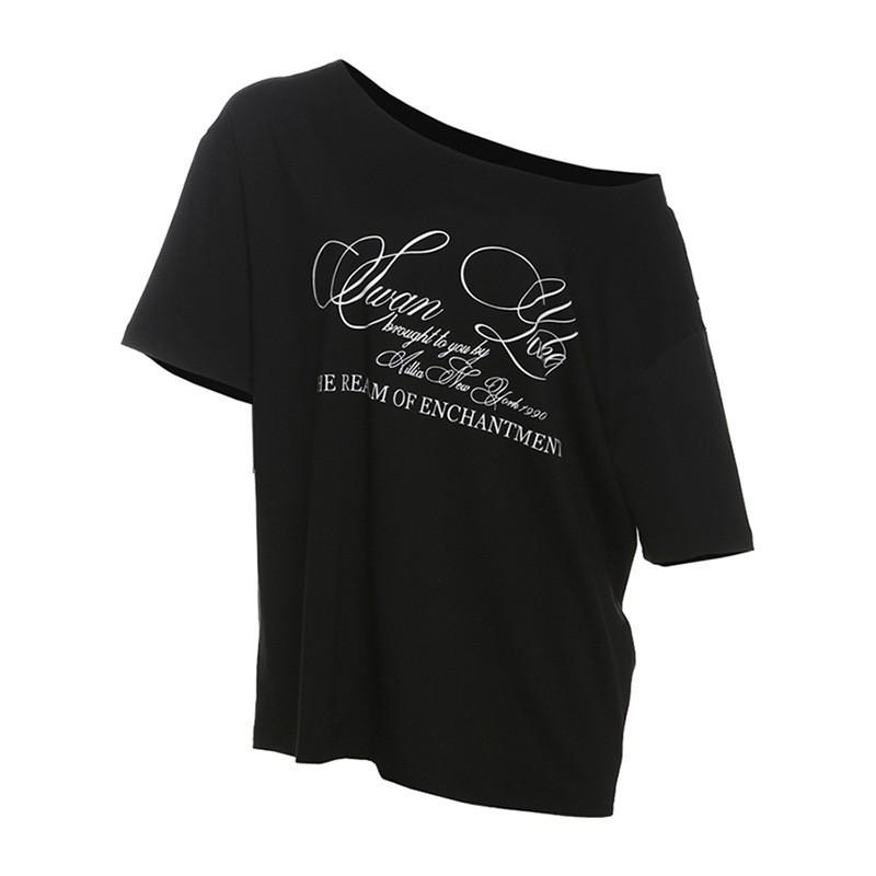 Womens Streetwear Letter Print Off Shoulder Short Sleeve Loose Fit T-Shirt Casual Top