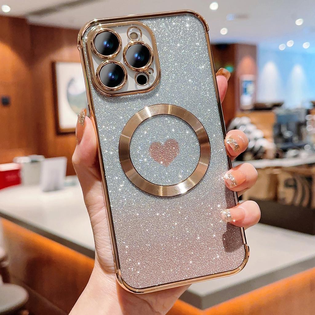 For iPhone 14 Pro Max Magnetic Case Gradient TPU Phone Cover with Cute Love Heart Pattern