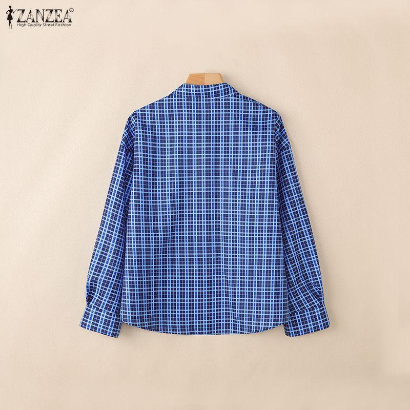 ZANZEA Women Casual Turn Down Collar Long Sleeve Plaid Print Loose Blouse