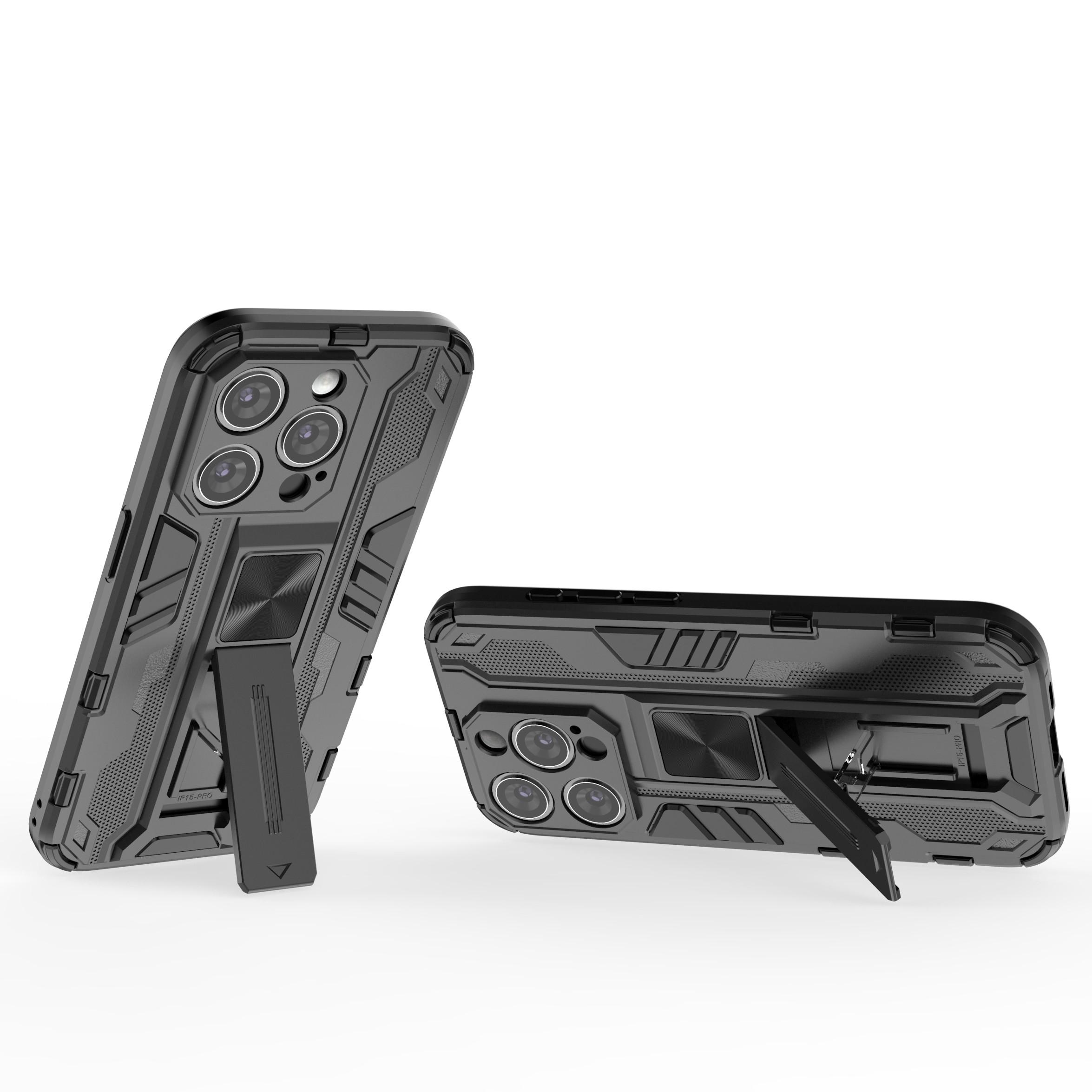

For iPhone 15 Pro Max Foldable Kickstand Anti-scratch Cover PC+TPU Shockproof Phone Case Black