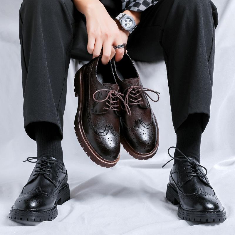 2024 New Brock engraved casual men's shoes British Japanese black heightening small leather shoes men's Korean version 44303-R