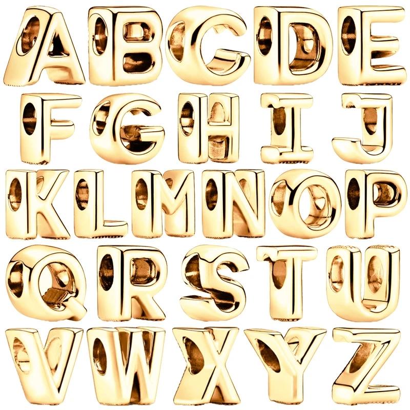 Sparking Gold Plated 26A-Z Letter Charm Beads Dangle Fit Genuine Copper Design Snake Arm Bracelet Necklace Bead For DIY Style Jewelry Women Gift