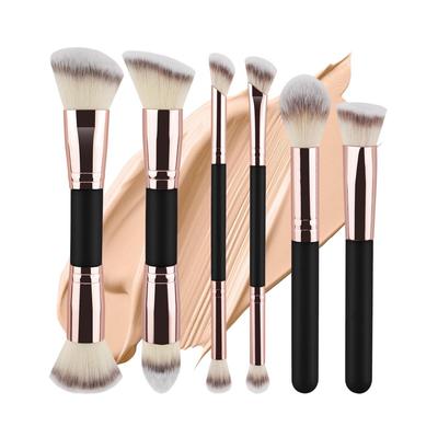 6-Piece Double-Ended Makeup Brush Set: Foundation, Blush, Eyeshadow, Contour Brushes with Tri-Color Bristles.