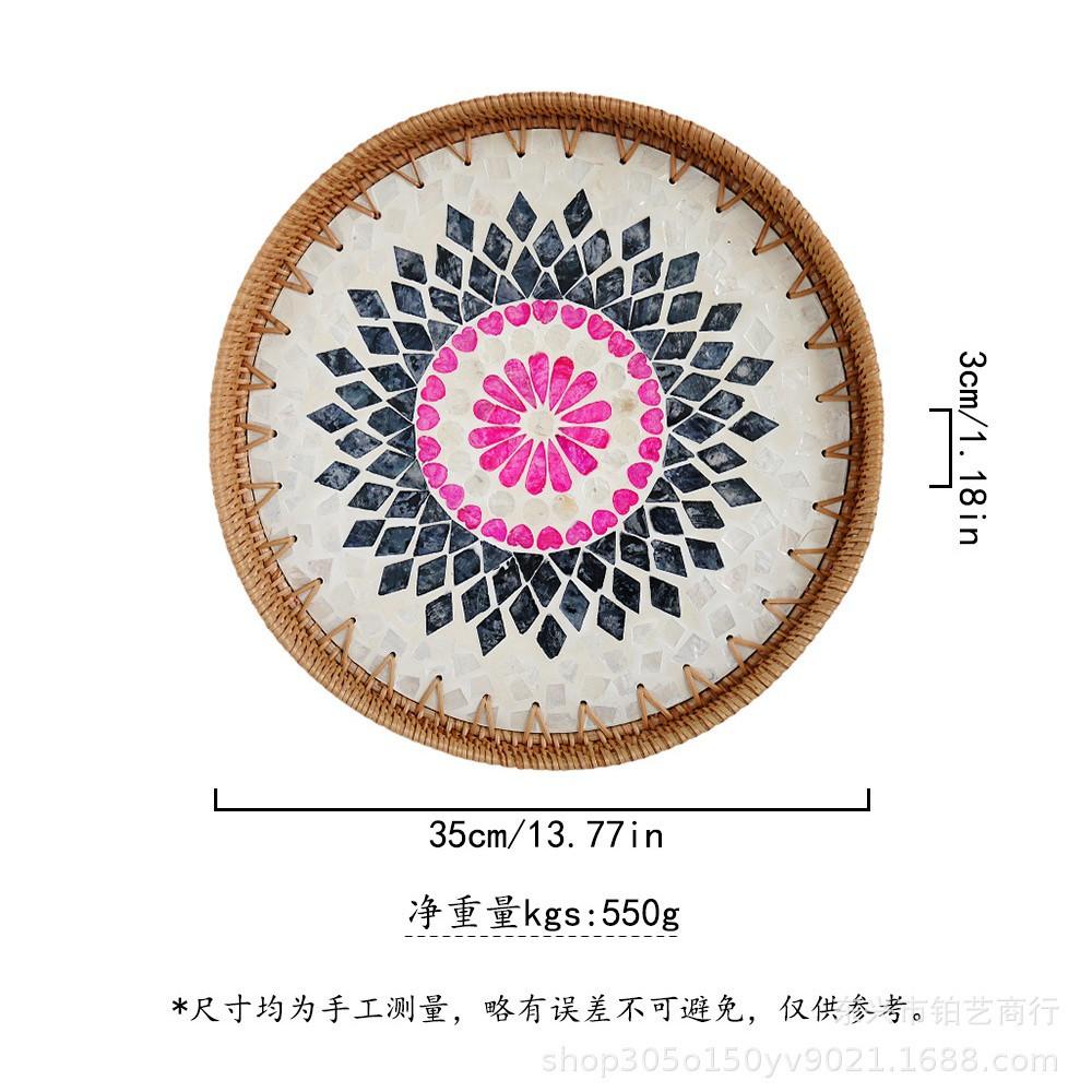 Color Shell Jewelry Cosmetics Food Teacup Storage Trays Handmade Rattan Fruit Dessert Bread Pans Round Rattan Decoration Trays