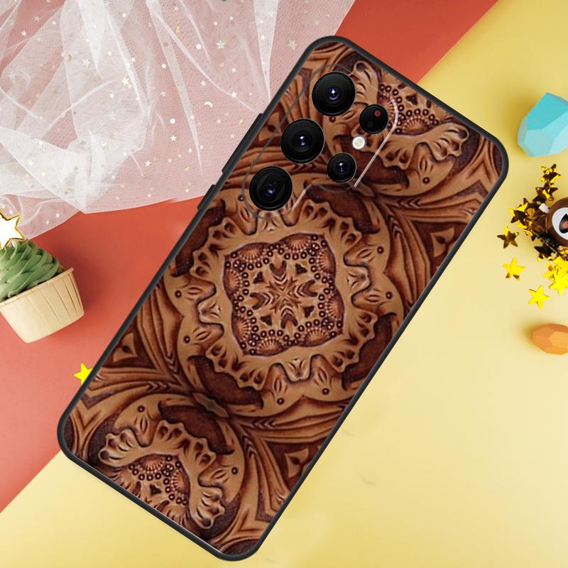 Brown Hand Tooled Western Phone Case For Samsung Galaxy S25 Ultra S23 S21 S20 S22 S24 FE S9 S10 Plus Cover Coque