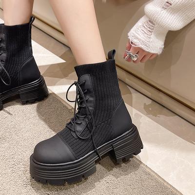 Comemore Women Autumn Thick Bottom Sock Shoes Woman Lace Up Knee High Botas De Mujer Chunky Platform Knitted Long Elastic Boots