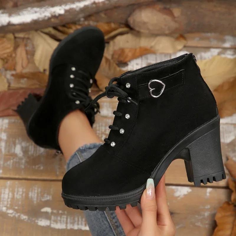 

Round Toe Lace-Up Side Zip Soft Sole Non-Slip Heels Fashion Love Metal Buckle Platform Booties 42 чорний