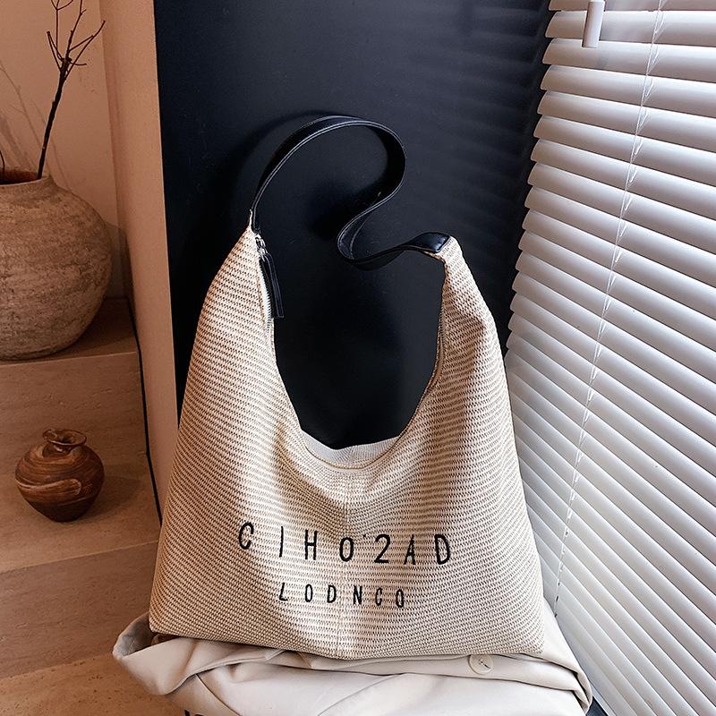 

Large capacity simple bag women s new seaside vacation shoulder bag woven pattern commuter tote bag чёрный