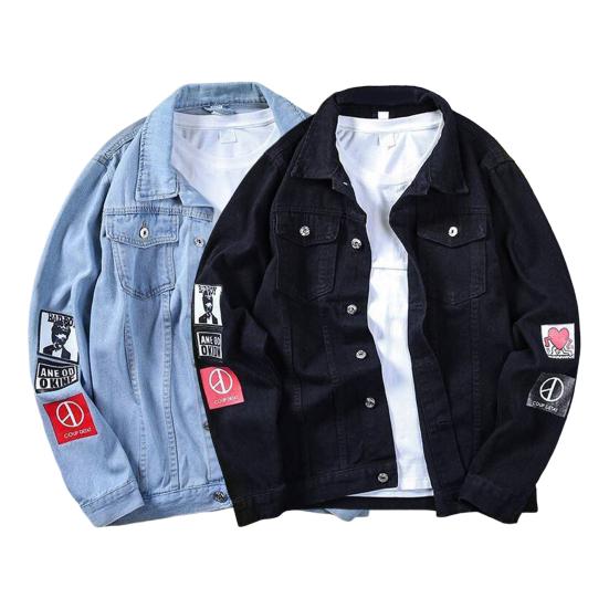 Long Sleeves Pockets Single-breasted Denim Coat Spring Autumn Letter Print Turn-down Collar Unisex