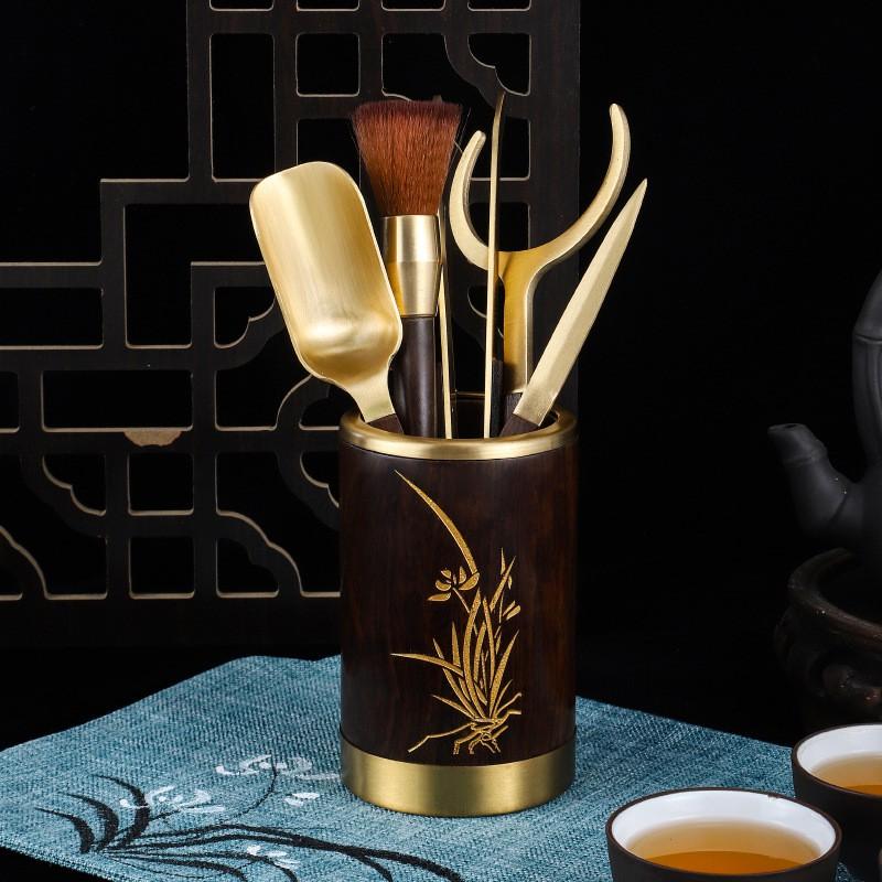 Elegant Brass Ebony Wood Tea Ceremony Six Tools Set Luxury Gift Office Use