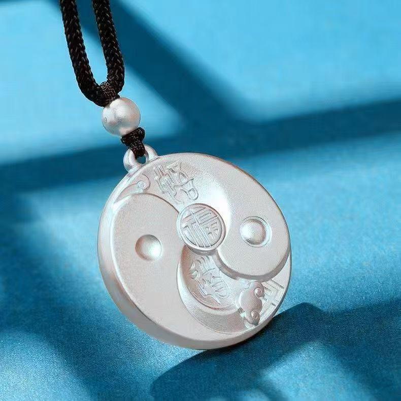 Silver Eight Trigrams Fortune Pendant - Unisex Wealth Attraction Amulet with Black Rope