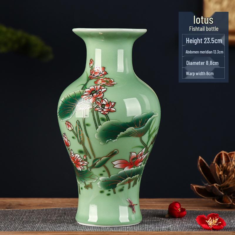 Green Glaze Antique Chinese-style Jingdezhen Ceramic Vase for Flower Arrangement and Home Decoration