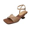 Sheepskin Version~ Square Head High-heeled Sandals Women's Hollow Thin Belt Versatile Woven Summer Word Belt Leather Fashion Sandals