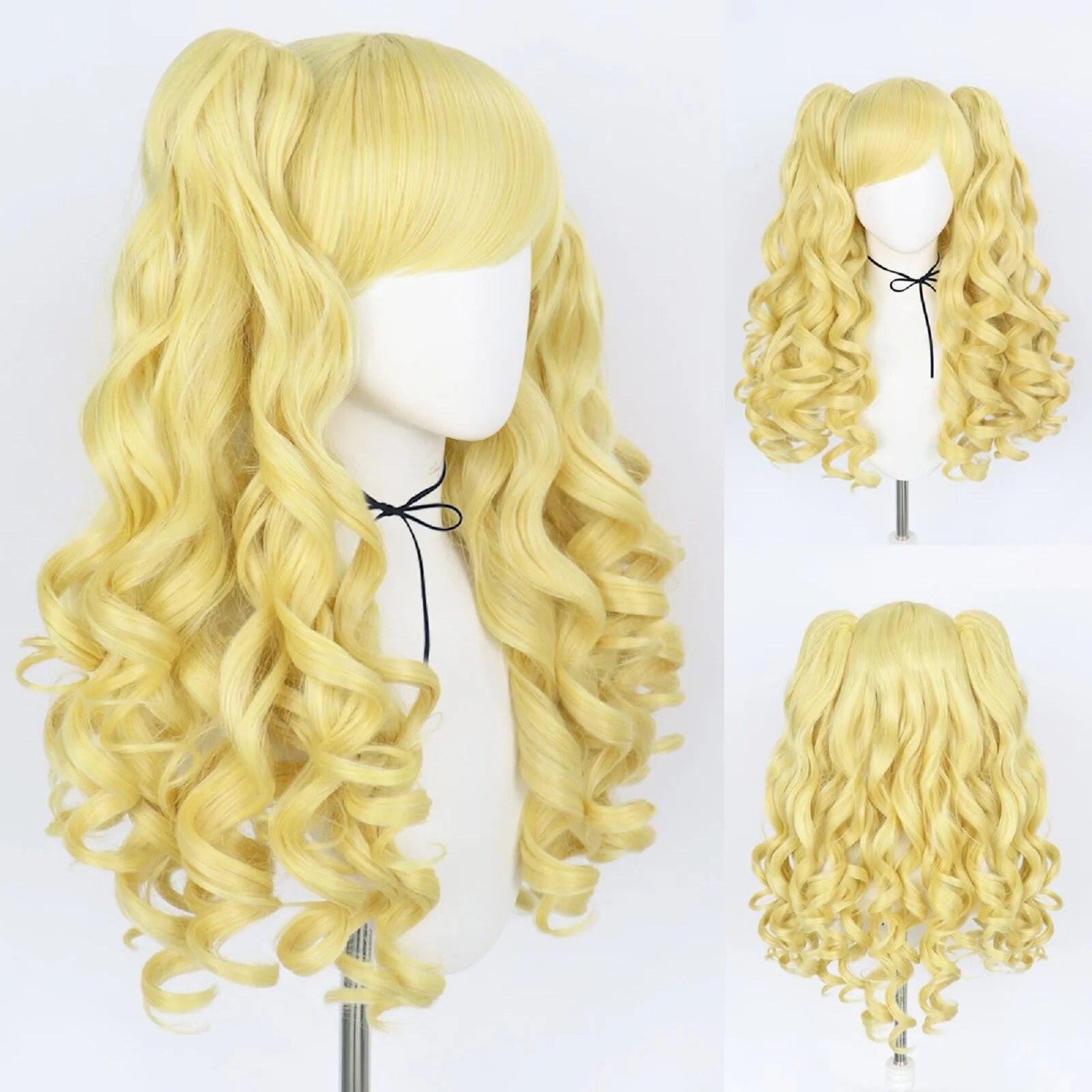 

Косплей парик с хвостиком Синтетический длинный цветной вьющийся парик для косплея Лолиты для девочек с двойными хвостиками и 1 шт. Кепка для парика 24inches