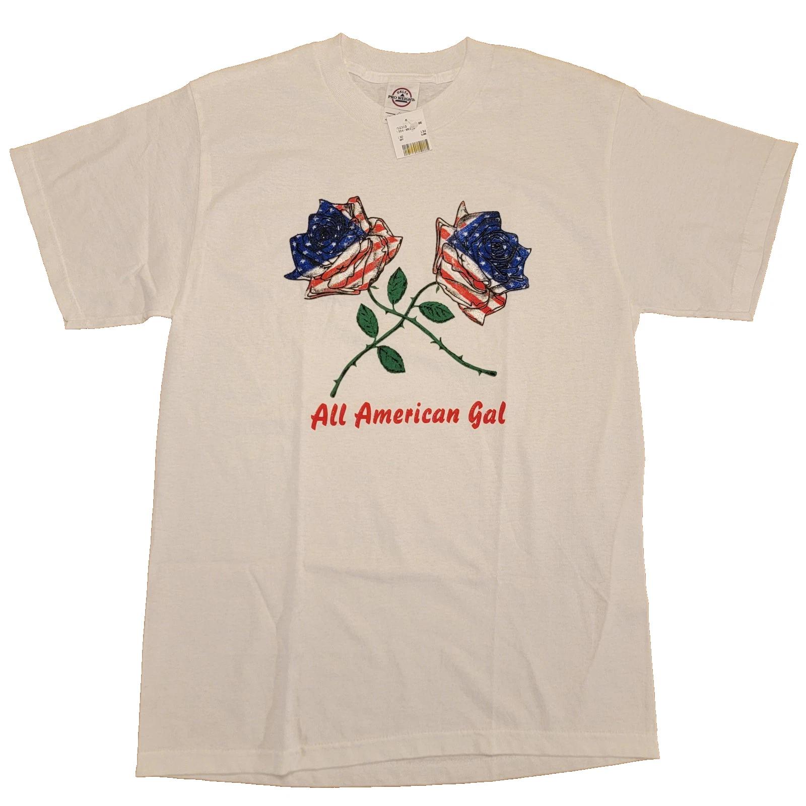 

Vintage 90s All American Gal T-Shirt Womens Medium USA Flag Roses Patriotic NWT 4XL