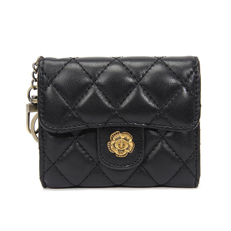 Женский кошелек для монет из натуральной овчины с камелией Узор Алмазная строчка Отделения для нескольких карт Маленький ретро-кошелек чёрный 1370₽