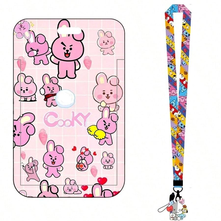 LINE FRIENDS BT21 Kpop Anime Cartoon Lanyard Key Ring with ABS Card Holder for Meal Cards Transit Cards and ID Cards