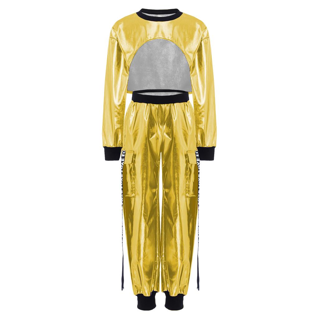Girls Dance Clothing Set Glossy Metallic Workout Top and Pocket Pants Hip Hop Jazz Street Performance Outfit