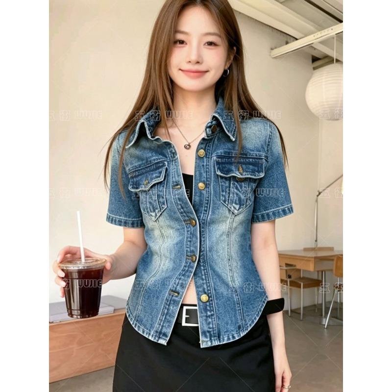 Women Summer Vintage Fashion Waist Slim Denim Short Sleeve Shirt Commuter Versatile Casual Blouse Tops