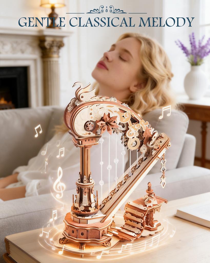 ROKR Magic Harp Music Box Wooden 3D Puzzle 350-Piece DIY Mechanical Model Building Kit for Home Desk Bookshelf Decor Gift for Adults Kids
