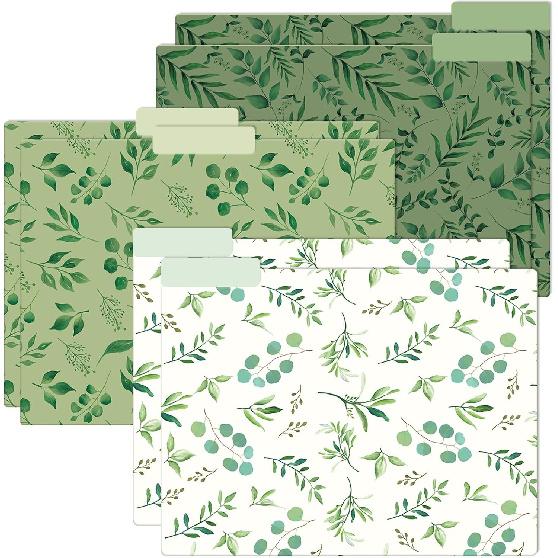 Whaline 6Pcs Greenery File Folders Eucalyptus Leaves Decorative File Folders 8.5 x 11 Inch Colored File Folders for Filing Cabinet Home Office