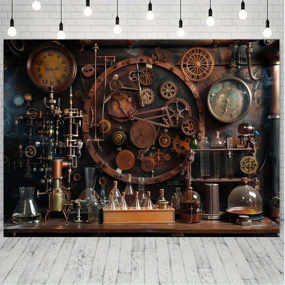 1 Stück vintage Steampunk Hintergrundstoff mit Brauereirad- und Uhrwerkdesign, geeignet für Geburtstage, Feiertage und Partys