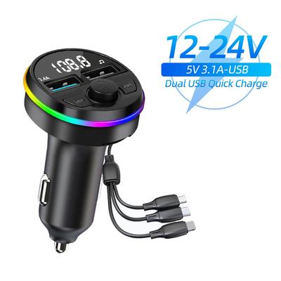 Bluetooth Car Charger with FM Transmitter USB + Type-C Ports 3.1A Output Fast Charger 3-in-1 Charging Cable with LED Color Lights for Xiaomi Huawei