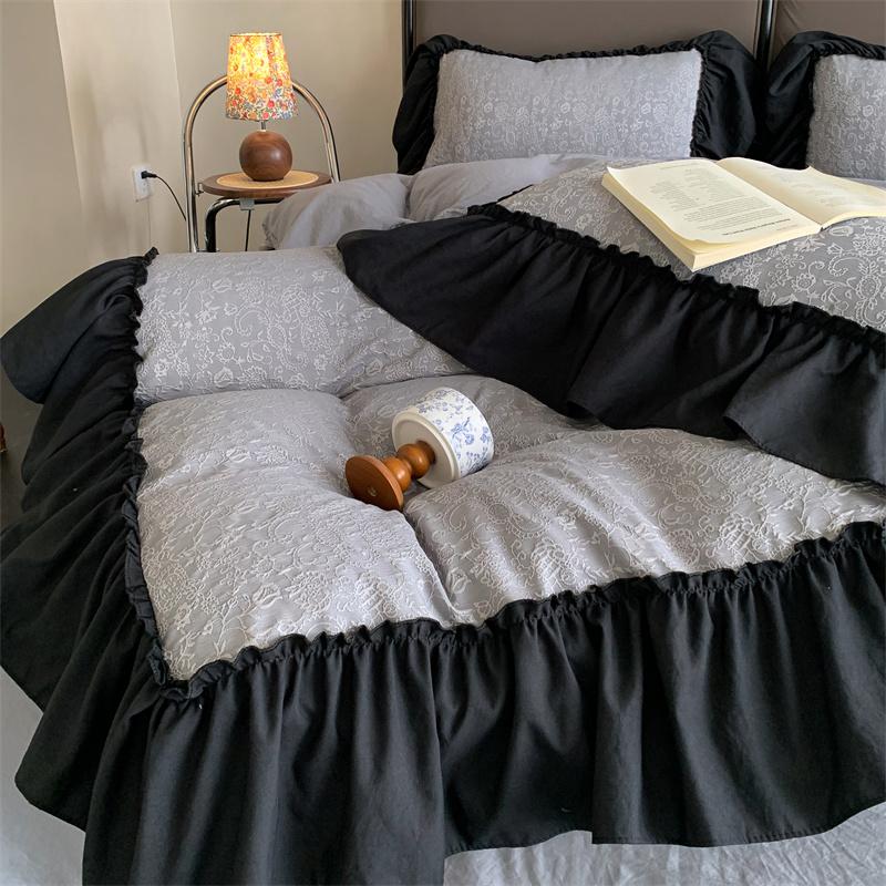 Jacquard Duvet Cover Set with Black Ruffles Brushed Bedding Set Single/Queen/King Size Solid Color parure de lit Luxury Bedding